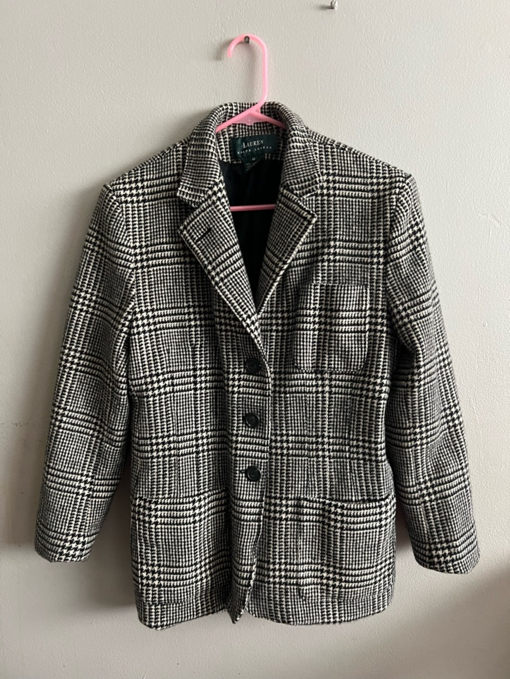 Lauren Ralph Lauren Women’s Houndstooth Plaid Black Cream Wool Jacket Blazer 16